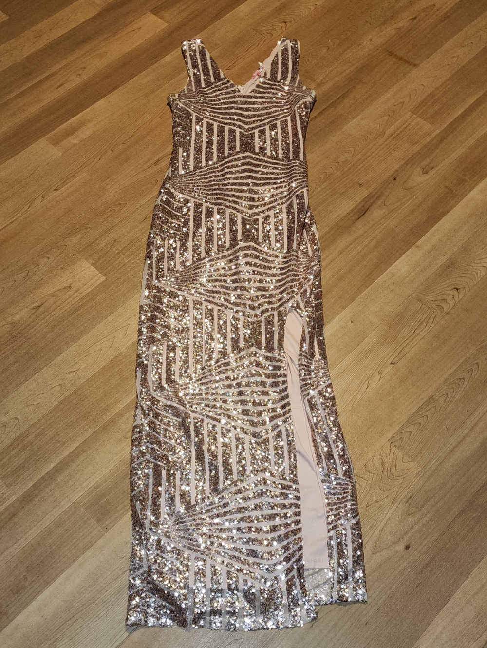 Red Clover Sleeveless Rose Gold Sequin Maxi Dress with Side Slit